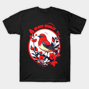 Red Bird and Flowers Design T-Shirt